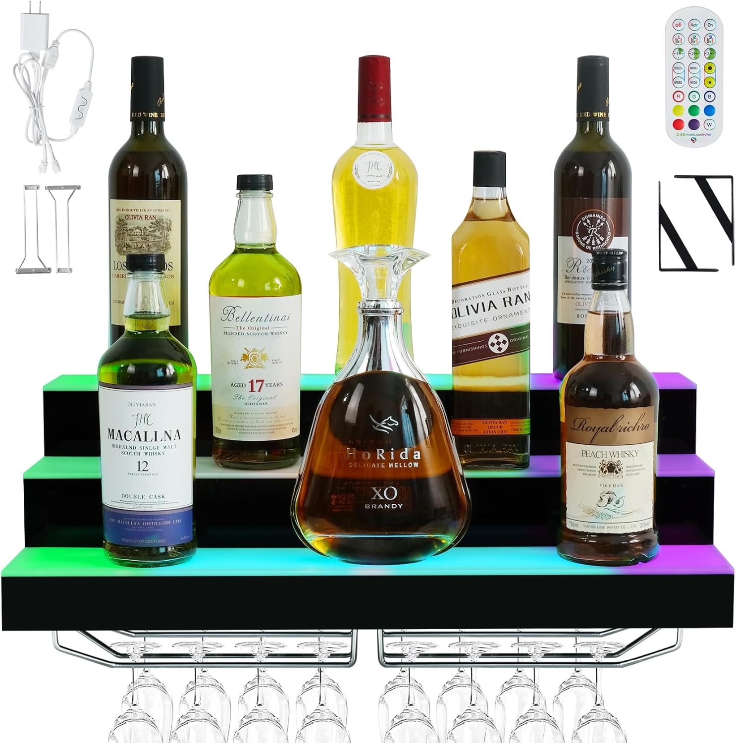 ClarityCraze LED liquor shelf mounted on a wall with bottles displayed