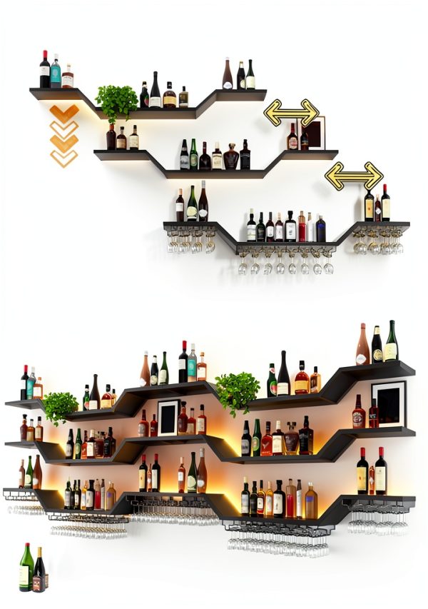 TAUODUYY Wall Mounted Wine Rack Industrial Wave Design Black-3