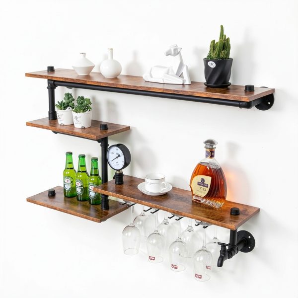 HEONITURE Wall Mounted Wine Rack Black Metal Wood Design-7