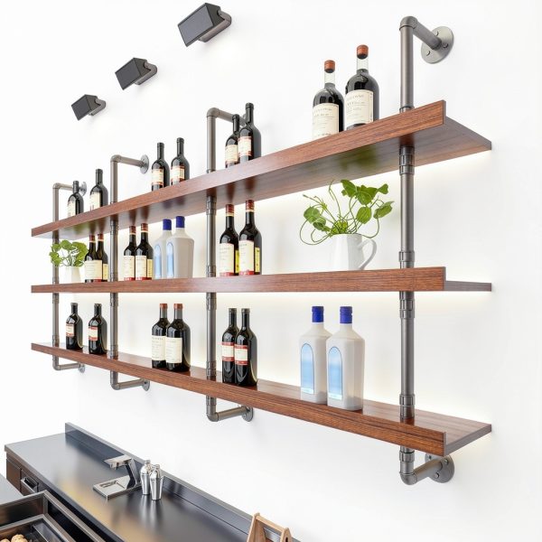 Dawselod Wall Mounted Wine Rack Solid Wood LED Lights-0