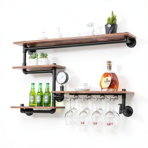 HEONITURE Wall Mounted Wine Rack Black Metal Wood Design-0