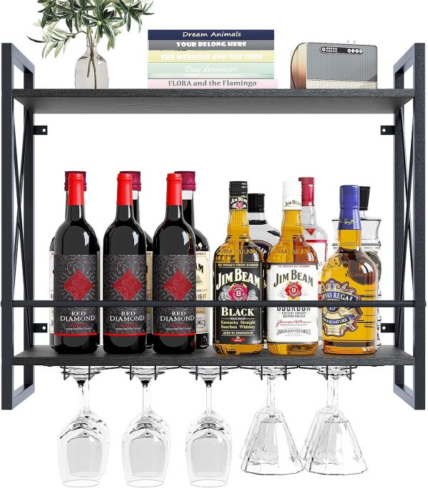 Dosker Wall Mounted Wine Rack Black Metal Wood Modern-0