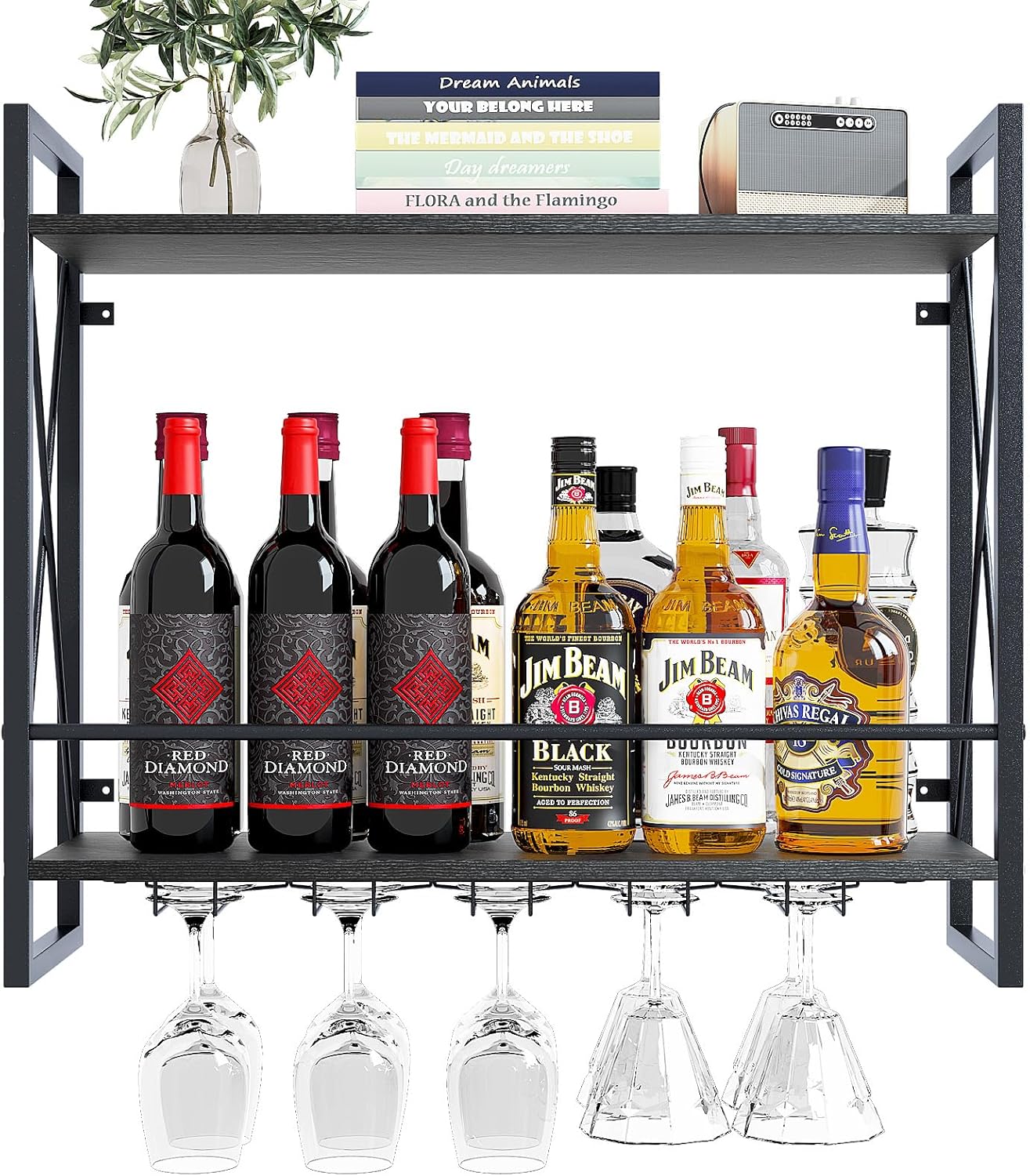 Dosker wine rack mounted on a kitchen wall with bottles and glasses