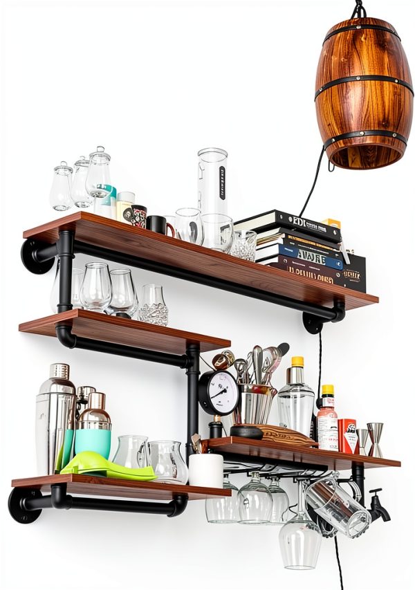 HEONITURE Wall Mounted Wine Rack Black Metal Wood Design-3