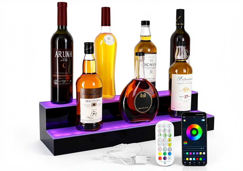 'ClarityCraze LED liquor shelf displaying bottles in a modern home bar'