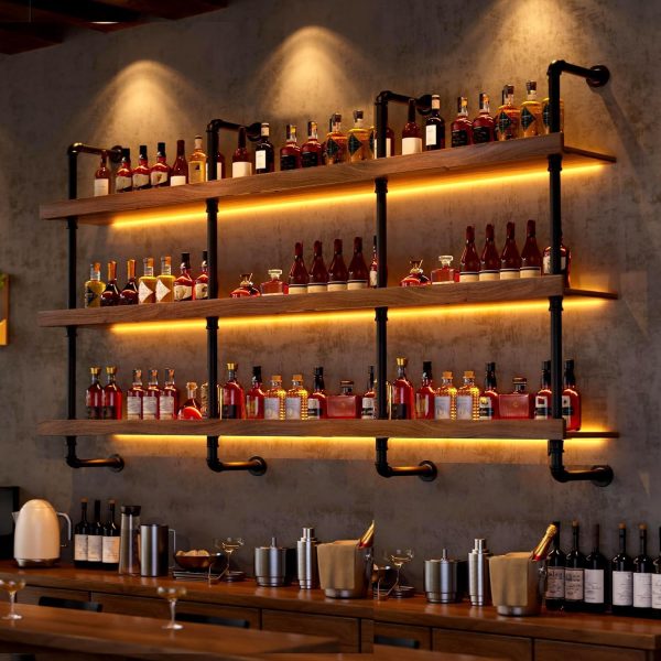 Dawselod Wall Mounted Wine Rack Solid Wood LED Lights-2