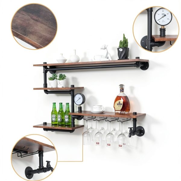 HEONITURE Wall Mounted Wine Rack Black Metal Wood Design-2